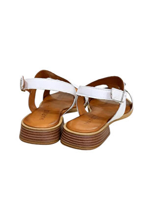 Beyaz Hakiki Deri Çift Bantlı Yumuşak Taban Comfort Sandalet