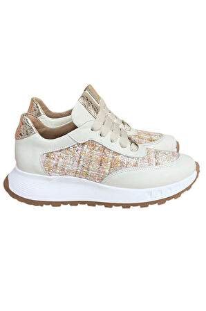 Beyaz Hakiki Deri  Hasır Desenli Comfort Taban Bağcıklı Sneaker