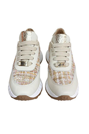 Beyaz Hakiki Deri  Hasır Desenli Comfort Taban Bağcıklı Sneaker