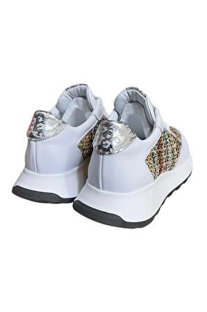 Beyaz Hakiki Deri  Hasır Desenli Comfort Taban Bağcıklı Sneaker