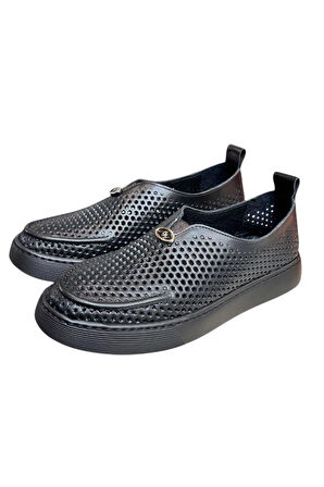 Siyah Hakiki Deri Delikli Hafif Comfort Taban Sneaker