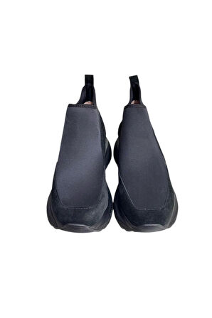 Siyah Hakiki Deri Süet Strech Yüzlü Bilekte Sneaker