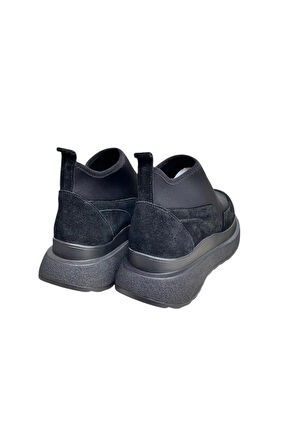 Siyah Hakiki Deri Süet Strech Yüzlü Bilekte Sneaker