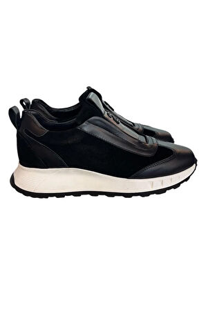 Siyah Hakiki Deri Süet  Comfort Taban Sneaker
