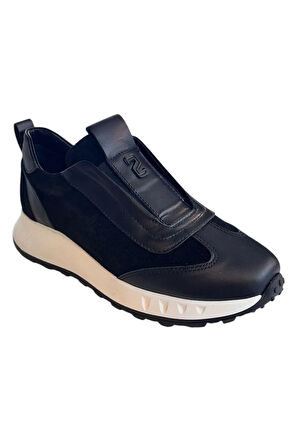 Siyah Hakiki Deri Süet Comfort Taban Sneaker