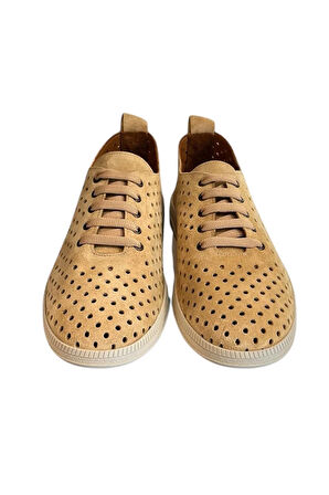 Camel Hakiki Deri Süet Delikli Comfort Taban Bağcıklı Ayakkabı