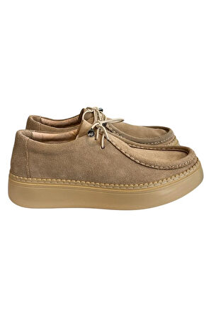 Bej Hakiki Deri Süet  Comfort Taban Günlük Ayakkabı