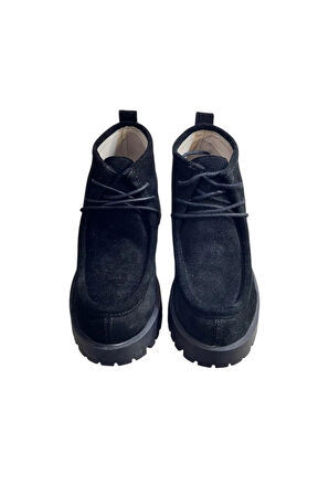 Siyah Hakiki Deri Süet Bağcıklı Bot