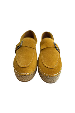 Hardal Hakiki Süet Hasır Taban Tokalı Loafer 