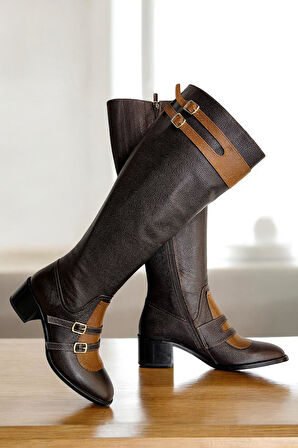 Kahve Hakiki Deri Toka Detay Fermuarlı Çizme 