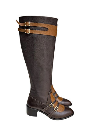 Kahve Hakiki Deri Toka Detay Fermuarlı Çizme 