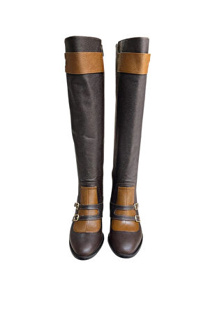 Kahve Hakiki Deri Toka Detay Fermuarlı Çizme 