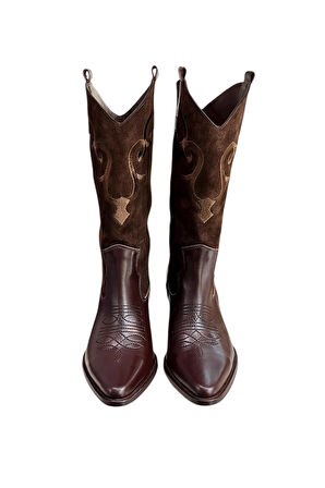 Kahve Hakiki Deri ve Süet İşleme Detaylı Western Çizme