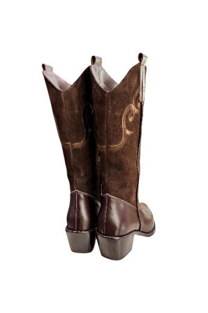 Kahve Hakiki Deri ve Süet İşleme Detaylı Western Çizme