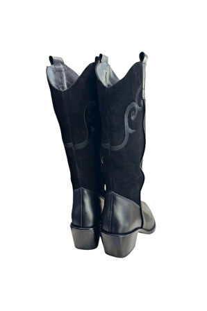 Siyah Hakiki Deri ve Süet İşleme Detaylı Western Çizme