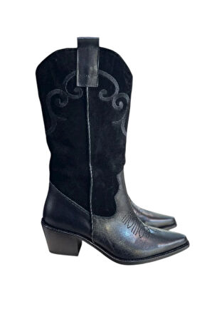 Siyah Hakiki Deri ve Süet İşleme Detaylı Western Çizme