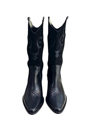 Siyah Hakiki Deri ve Süet İşleme Detaylı Western Çizme