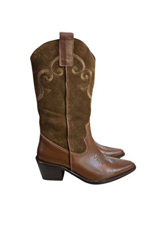 Taba Hakiki Deri ve Süet İşleme Detaylı Western Çizme