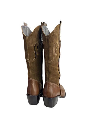 Taba Hakiki Deri ve Süet İşleme Detaylı Western Çizme