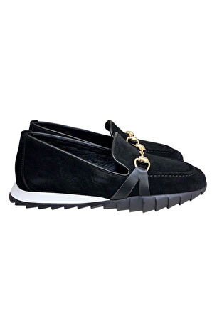 Siyah Hakiki Deri Süet Toka Detay Comfort Taban Spor Loafer