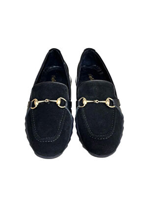 Siyah Hakiki Deri Süet Toka Detay Comfort Taban Spor Loafer