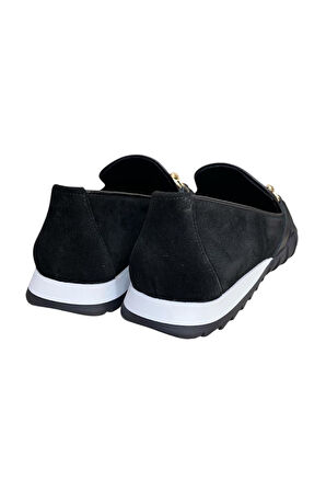 Siyah Hakiki Deri Süet Toka Detay Comfort Taban Spor Loafer