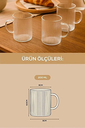 3 Adet Çizgili Kulplu Isıya Dayanıklı Borosilikat Cam Kahve Çay Bardak - 200 ml Cam Çay Bardağı