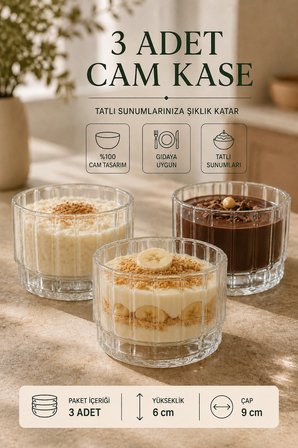 3 Adet Modern Çizgili Yuvarlak Borosilikat Cam Kase Seti – Tatlı Çerez Meze Kahvaltılık Sunum Kasesi 400 ml