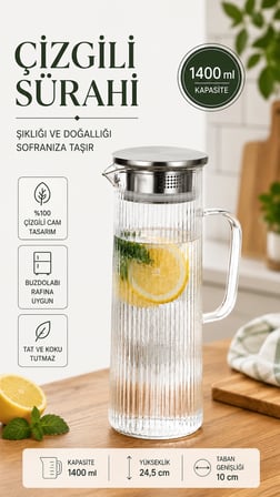 Modern Çizgili Cam Sürahi Paslanmaz Çelik Kapaklı Filtreli Sürahi  Su, Limonata, Buzlu Çay ve Meyve Suyu 1400 ML