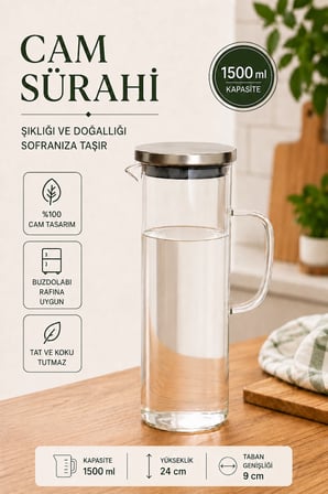 Modern Düz Cam Sürahi Paslanmaz Çelik Kapaklı Filtreli Sürahi Su, Limonata, Buzlu Çay ve Meyve Suyu 1500 ML