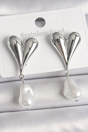 Pirinç Gümüş Renk Kalp Model Sallantı İnci Detay Kadın Küpe - TJ-BKP10081