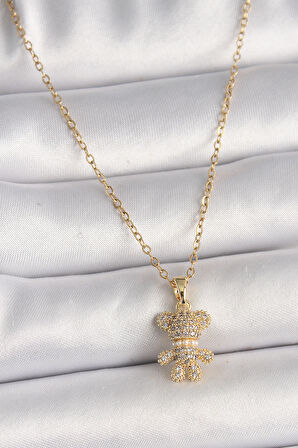 316L Çelik Gold Renk Zincir Zirkon Taşlı Ayıcık Figür Kadın Kolye - TJ-BKO9810