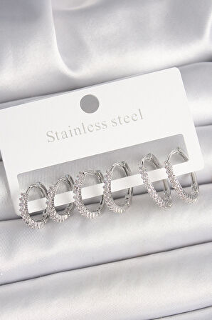 Pirinç Gümüş Renk Zirkon Taşlı 3 Çift Halka Model Kadın Küpe - TJ-BKP10335