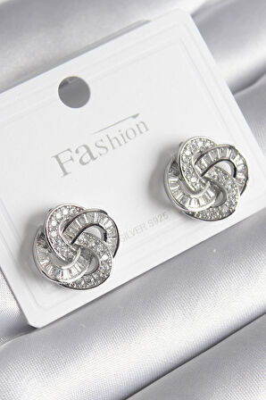 Pirinç Gümüş Renk Zirkon Taşlı Sarmal Model Kadın Küpe - TJ-BKP8616