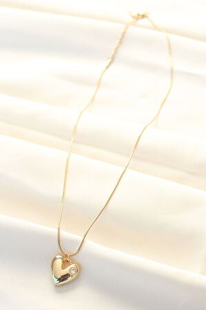 316L Çelik Gold Renk Tek Taşlı Kalp Kolye - TJ-BKO8508