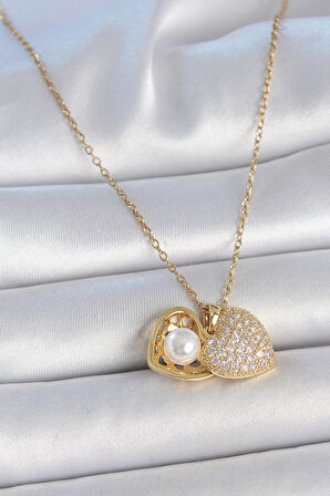 316L Çelik Gold Renk Zincir Zirkon Taşlı Açılır İncili Kalp Model Kadın Kolye - TJ-BKO10031