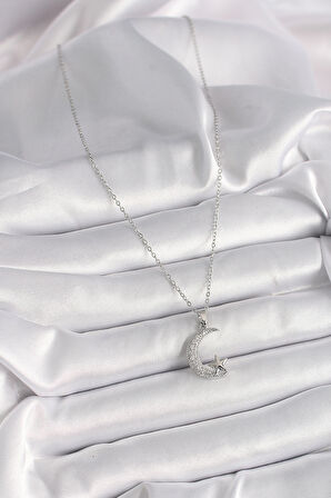 316L Çelik Gümüş Renk Zincir Zirkon Taşlı Hilal Model Yıldız Detay Kadın Kolye - TJ-BKO9655