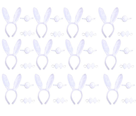 Beyaz Tavşan Kostüm Seti – Taç Papyon Kuyruk 12 li Paket