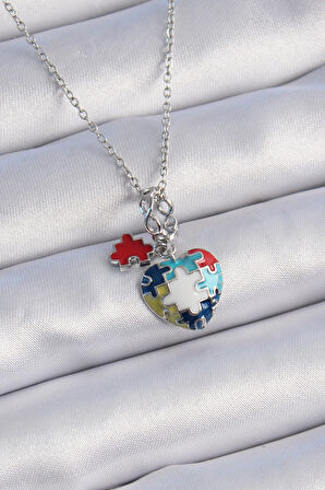 316L Çelik Gümüş Renk Yapboz Motif Kalp Figür Charm Model Kadın Kolye - TJ-BKO9315