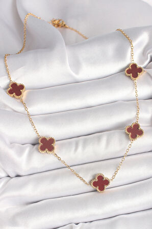 316L Çelik Gold Renk Zincir Bordo Yonca Model Kadın Kolye - TJ-BKO9926
