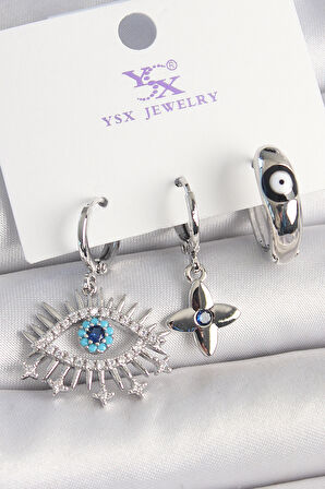 Pirinç Gümüş Renk Zirkon Taşlı Göz Model Nazar Boncuk Detay 3'Lü Kadın Kombin Küpe - TJ-BKP10440