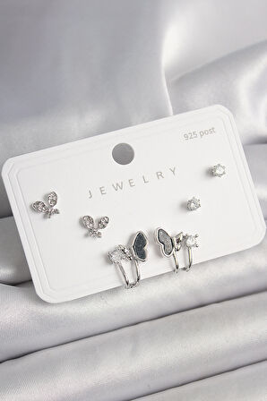 925 Ayar Gümüş Çivi Pirinç Gümüş Renk Zirkon Taşlı Kelebek Model Kadın Küpe Seti - TJ-BKP10404