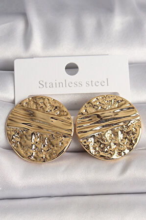 Pirinç Gold Renk İşlemeli Daire Plaka Model Kadın Küpe - TJ-BKP10153