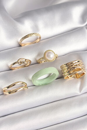 Pirinç Gold Renk Düğüm Model İncili İşlemeli Plaka Model 6'Lı Kadın Yüzük Seti - TJ-BYK3621