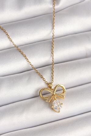 316L Çelik Gold Renk Zincir Zirkon Taşlı Kurdele Model Kadın Kolye - TJ-BKO9960