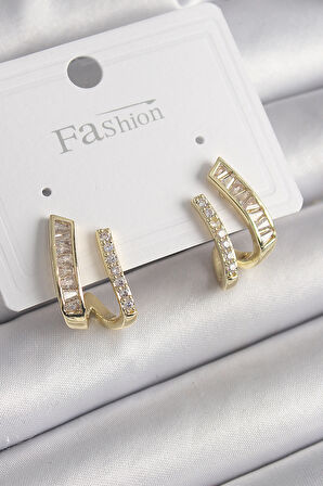 Pirinç Gold Renk Zirkon Taşlı Kadın Küpe - TJ-BKP9969