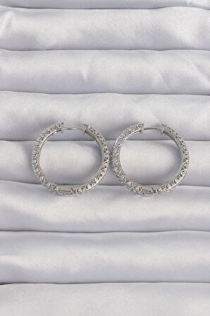 Pirinç Gümüş Renk Zirkon Taşlı Motifli Halka Küpe - TJ-BKP9282