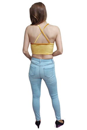Hardal Renk Kadife Asimetrik Kesim Çapraz Askılı Crop