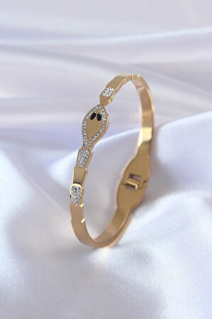 Tegan 316L Çelik Gold Renk Yılan Model Zirkon Taş Detay Kadın Kelepçe TG27BB5054