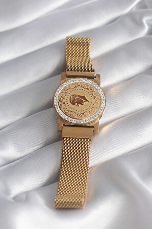 Tegan 316L Çelik Gold Renk Mıknatıslı Hasır Zirkon Taşlı Çeyrek Altın Model Kadın Bileklik TG27BB5820